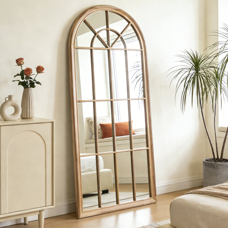 Large Arched Windowpane Full-Length Wall Mirror With Solid Wood Frame, 70.9" x 31.8", Natural Wood