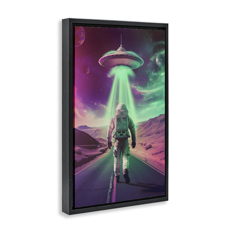 Astronaute marchant vers un cadre flottant UFO, design par Wumples, H 31 po x l 21 po, Cadre flottant noir de jais