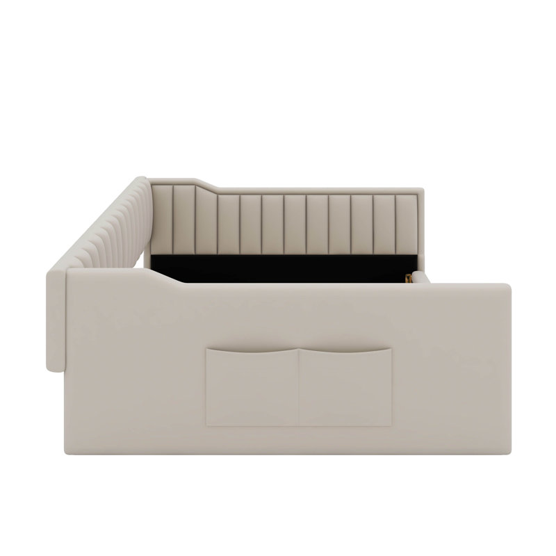 Upholstery Daybed With Side Storage Pocket, Full XL, Beige