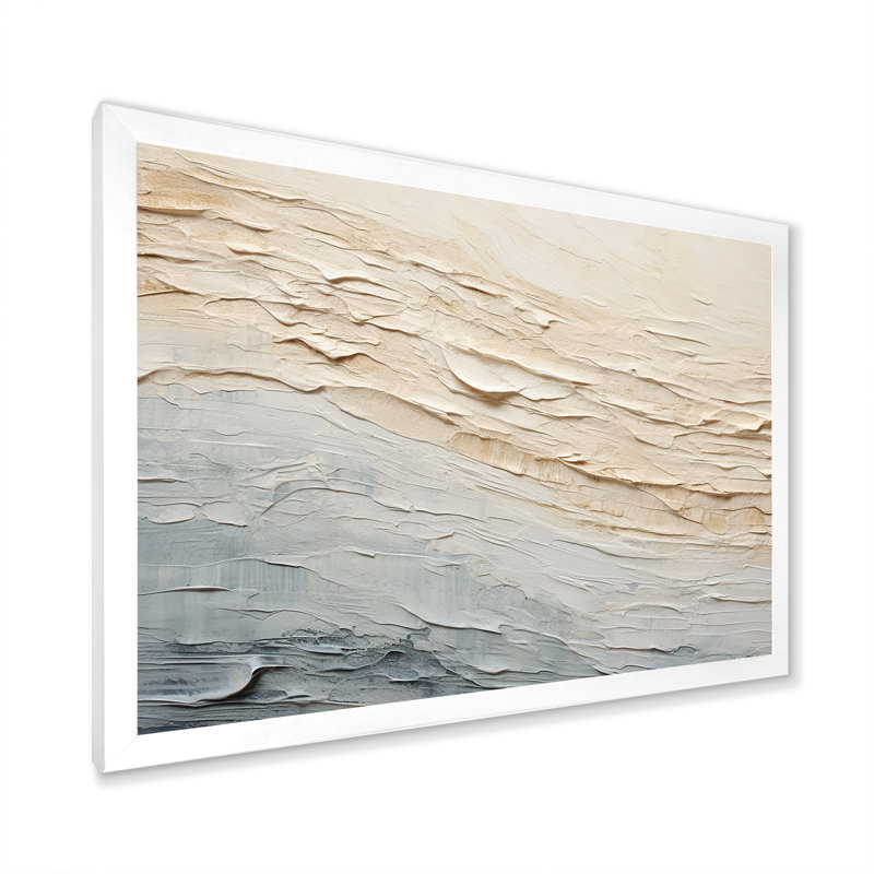 Décoration murale moderne bord de mer beige et gris I - Océan côtier, H 34 po x l 44 po x P 1,5 po, Cadre simple blanc