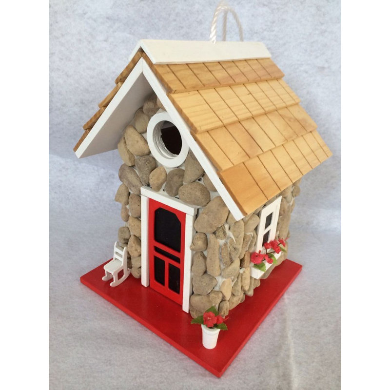 Handcrafted Stone Cottage Birdhouse with Red Accents