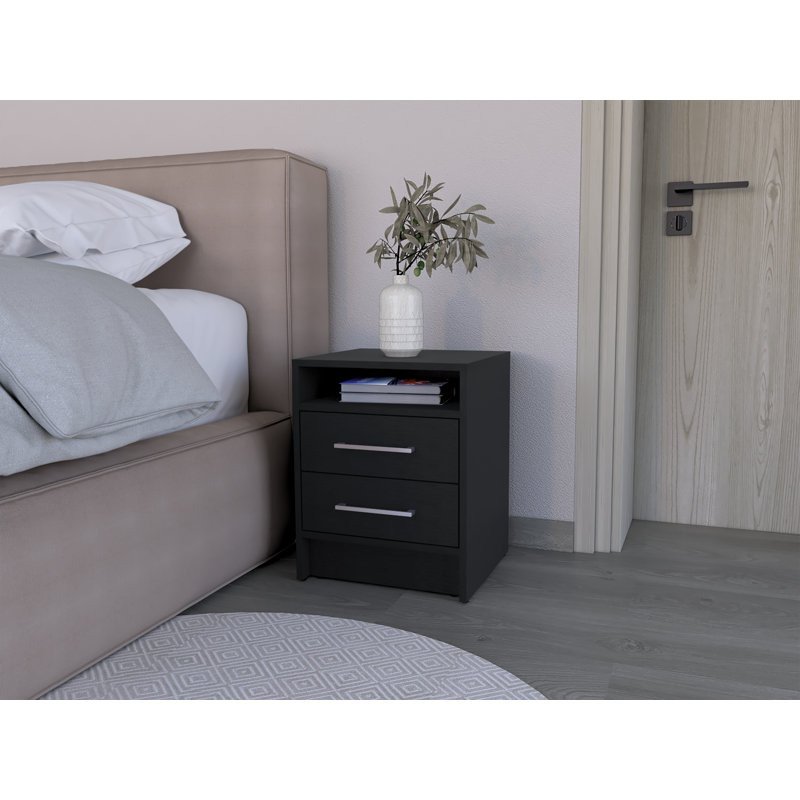 Greter 24"  Two-Drawer Night Stand  With Open Shelf, Black