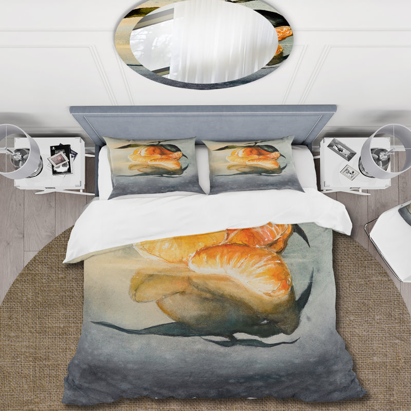 Ensemble de housse de couette en polyester à une mandarine orange frais avec feuilles vertes