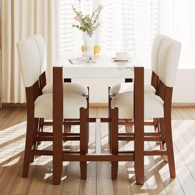 Ensemble de table de salle à manger 5 pièces à hauteur de comptoir pour 4 personnes, table de bar en faux marbre et 4 chaises rembourrées, ensemble de salle à manger de style Mid-Century moderne pour la salle à manger, cuisine de pub, petit espace