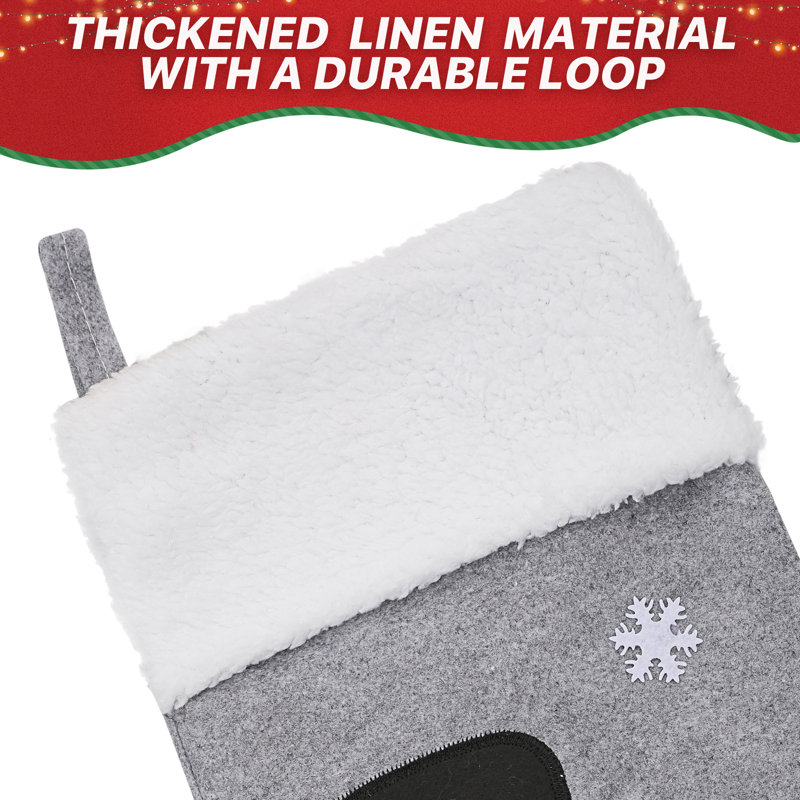 Gray and White Non-Woven Christmas Stockings with Embroidery, 15'' Set of 6