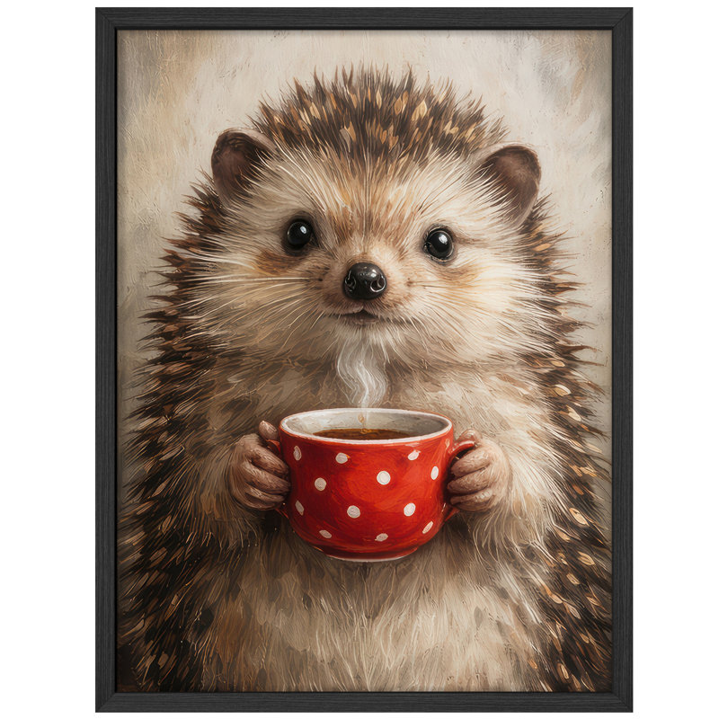 Cute Hedgehog Framed Wall Art Prints - Hedgehog holding red mug, for bedroom, H 14 po x l 11 po, Naturel