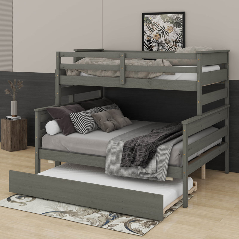Wood Twin Over Full Bunk Bed With Twin Size Trundle, Gray