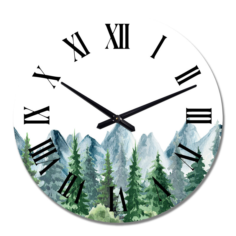 Horloge murale paysage de montagne avec sapins I, Grand