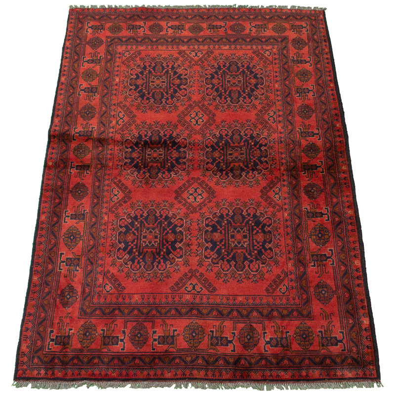 Tapis d’intérieur en laine rouge/noir 4 pi 1 po x 6 pi 1 po noué la 2010s one-of-kind- "main-of-kind-esari turque Allaina