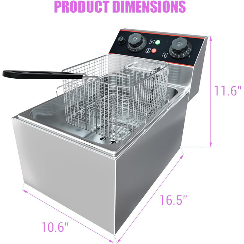 Electric Commercial Countertop Deep Fryer With Basket Temperature Control 6.3 Qt/6 L, 11.60" H x 10.60" W x 16.50" D