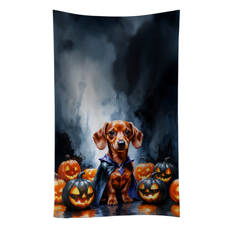 Red Dachshund Puppy Halloween Kitchen Towel, Red Dachshund