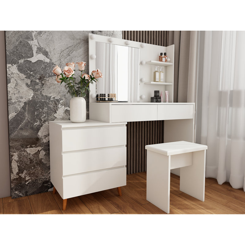 Coiffeuse à DEL avec miroir, coiffeuse blanche, tiroirs de rangement, tabouret assorti et compartiments pour brosses à maquillage, matériau, couleur antique, 53,72 po de profondeur, 15,33 de largeur, 51,88