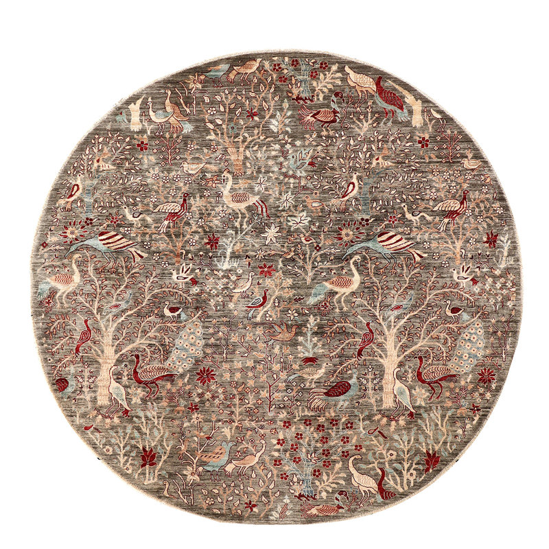 Tapis rond en laine noué à la main de conception unique de 8 pi en rouge / vert clair / beige