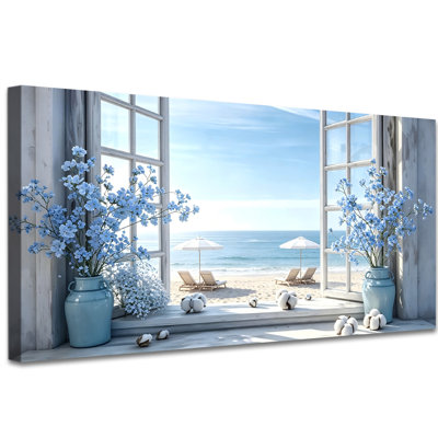 «Blue Coastal Window View», reproduction d'art sur toile panoramique 2: 1 avec chaises de plage, parasols, fleurs bleues et scène océanique pour décor de salle de bain de chambre à coucher 20 po x 40 po
