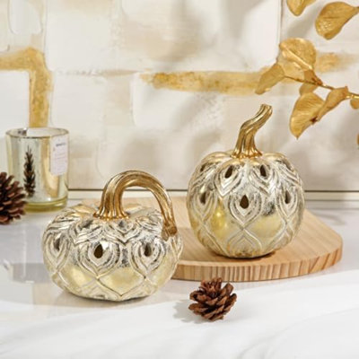 Citrouille décor 2 PCS champagne or résine citrouilles figurines fausses citrouilles fausses citrouilles rustique centre de table de ferme pour l'Action de grâce récolte Halloween automne automne décorations pour la maison