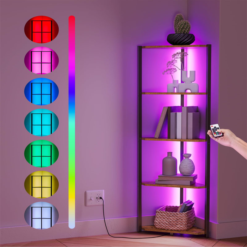 5-Tier Corner Shelf, Bookcase With Adjustable LED Light, Storage Rack With Steel Frame