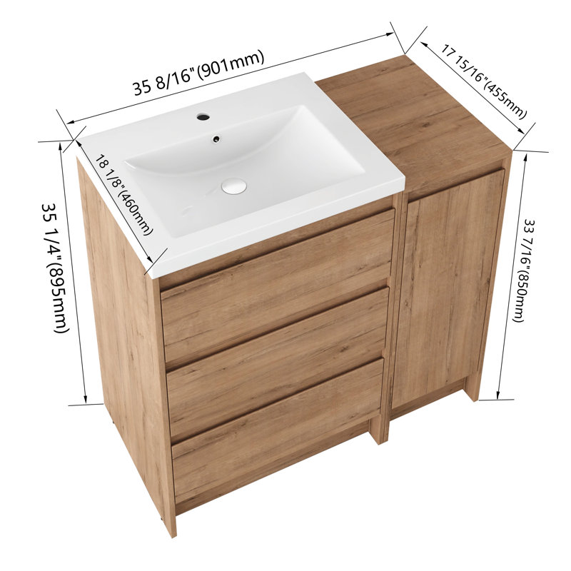36" Single Freestanding Bathroom Vanity with Resin Sink, Floor Standing Bathroom Vanity with 1 Door, 3 Drawers, 1 Adjustable Shelf