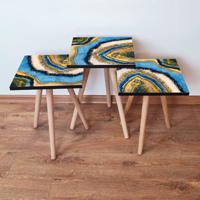 Elegant 3-Piece Nesting Table Set, Abstract Marble Design, 1.4 x 1.4 x 1.4 ft | 100% MDF with Beech Wood Legs | Large Table: 13.8 x 20.5 x 13.8 in, Medium: 13.8 x 18.5 x 13.8 in, Small: 13.8 x 16.5 x 13.8 in | Perfect for Living Room & Modern Decor