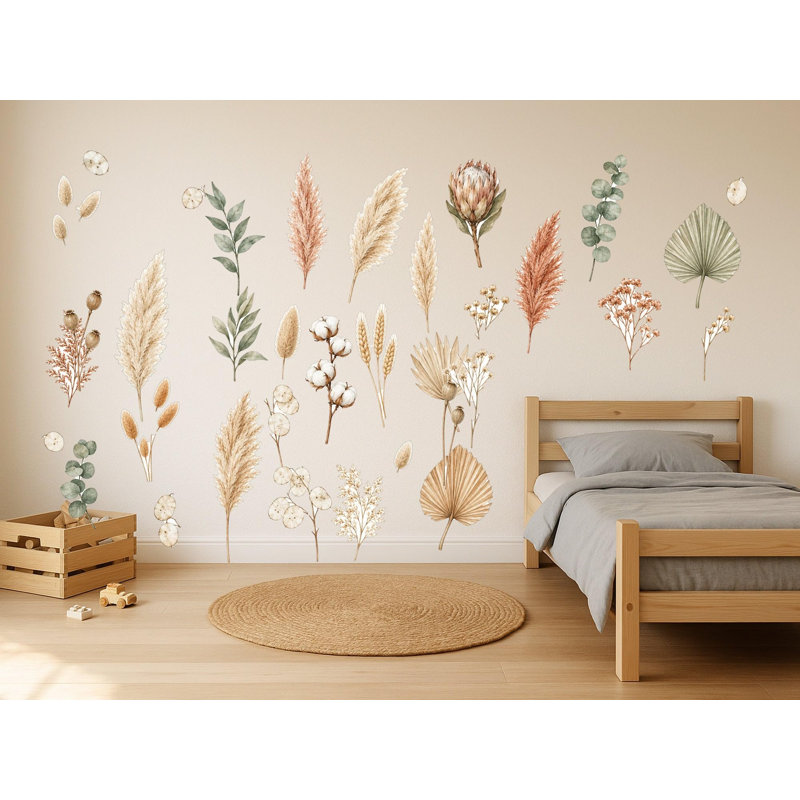 Pampas Grass Wall Decals, Set of 40 Peel and Stick Nursery Wall Stickers, Satin Finish Removable Kids Room Wall Art, 20"W x 20"H (50 x 50 cm)