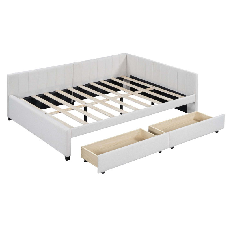 Upholstered Daybed With 2 Storage Drawers Sofa Bed Frame No Box Spring Needed, Linen Fabric, Beige