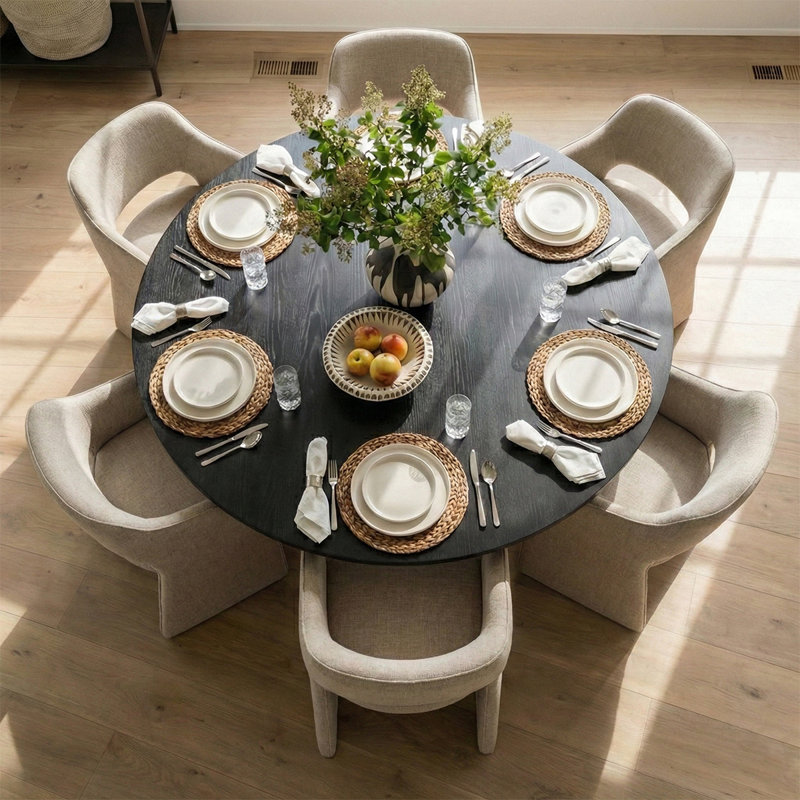 6 - Person Dining Table Sets With Round Table & 6 Upholstered Fabric Chairs, Khaki, Black