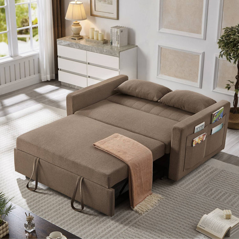 Lateresa 54'' Small Loveseat Pull-Out Sofa Bed - Adjustable Backrest With 2 Soft Pillows, Brown
