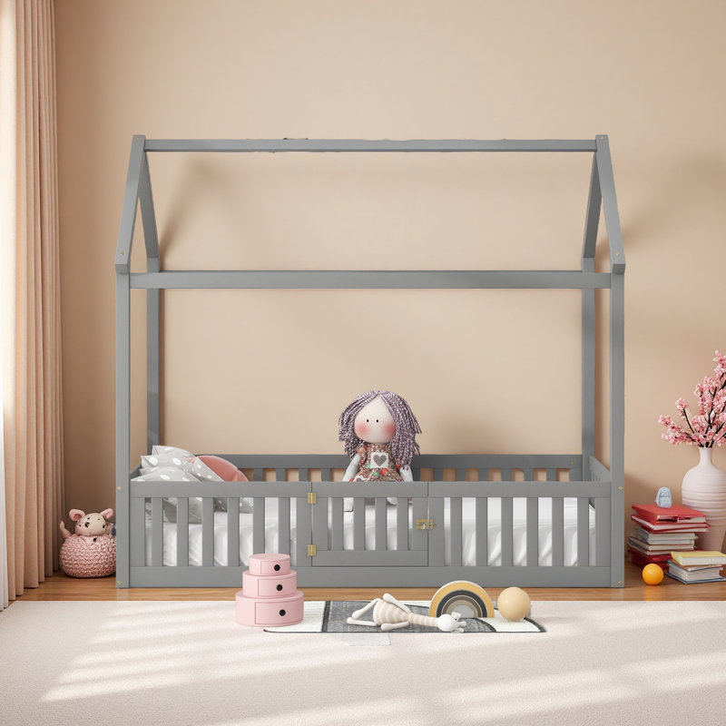 Lit en bois avec clôture et porte, Gris délavé