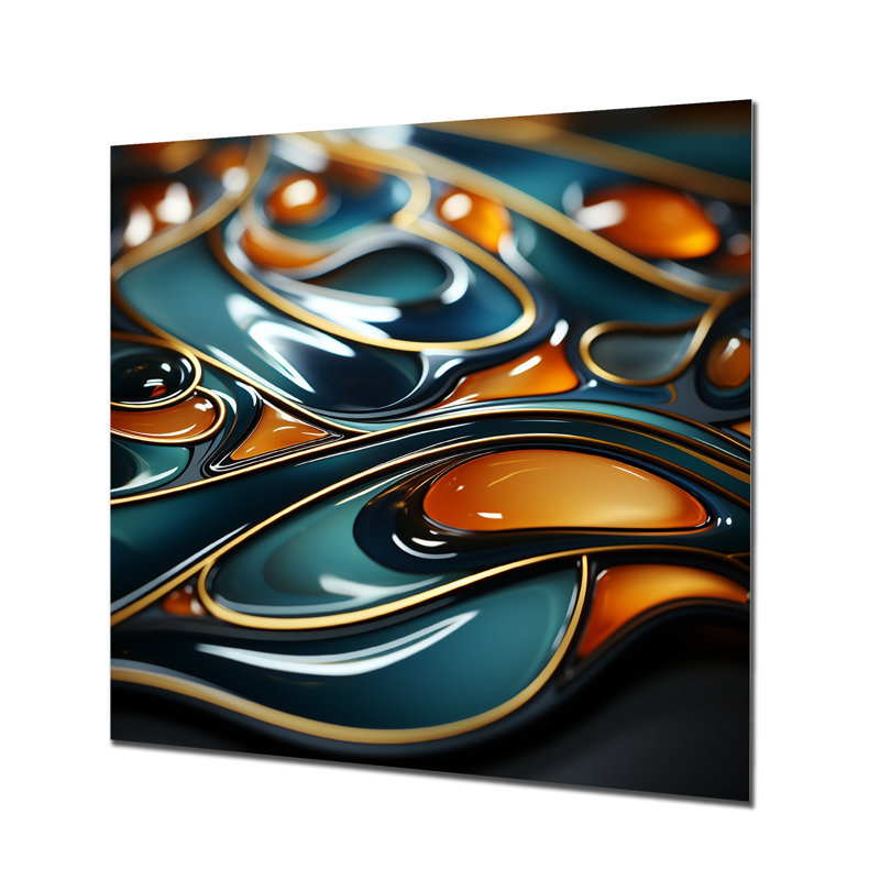 Or et émeraude fractale vague IV - impression d'art mural en métal fractal, H 29 po x l 29 po