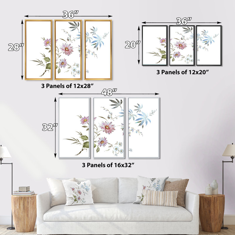 «Blue and Pink Wildflowers I», ensemble d'art mural sur toile encadré traditionnel de 3, H 32 po x l 48 po x P 1 po, Noir