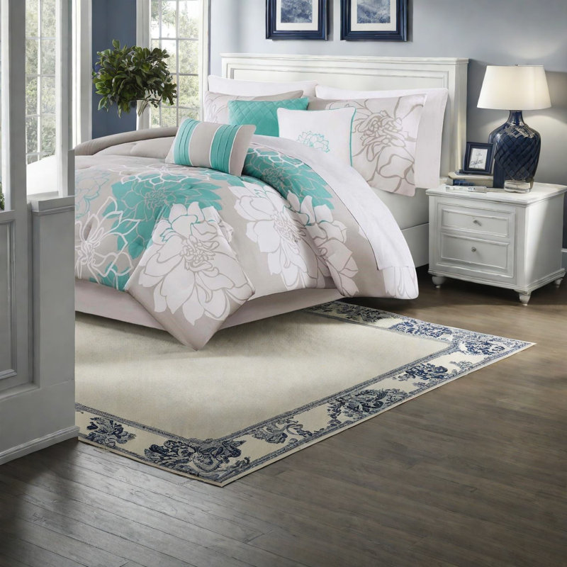Ensembles de literie en satin de coton de luxe, motif floral turquoise, décoration de chambre élégante