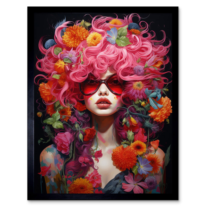 Flowerpunk Woman With Pink Hair And Flowers Vibrant - Single Picture Frame Print