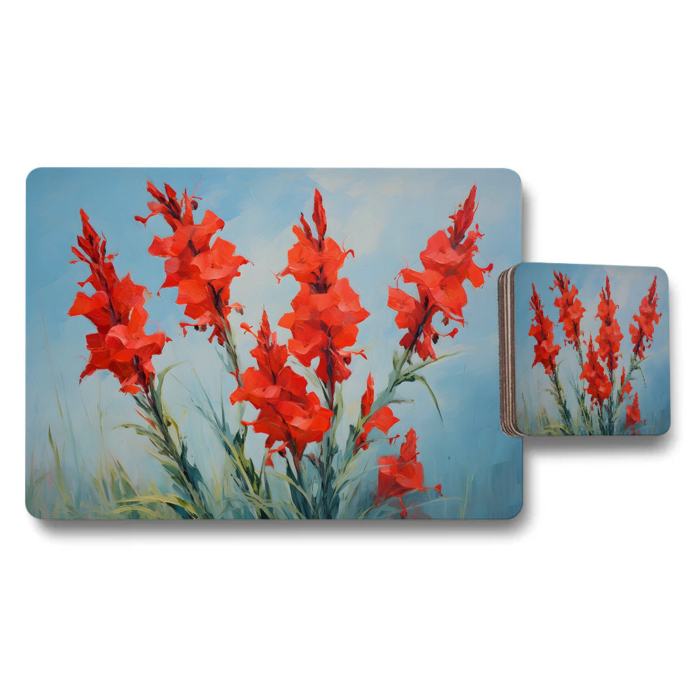 Placemat And Coaster Set With Red Gladiolus On Blue Background