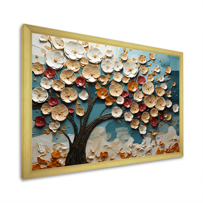 Arbre de fleur rouge et or au clair de lune beauté IV - arbre, art mural, Cadre doré à coins fermés