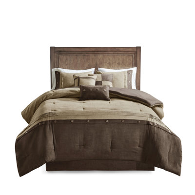 7 Piece Comforter - Brown King Faux Suede, Lodge Style Embroidery