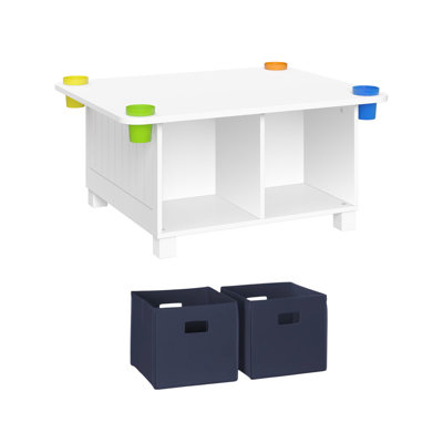 RiverRidge Kids Desk and Art Activity Table with 4 Storage Cubbies and 4 Removable Storage Cups - White with 2 Navy Fabric Bins