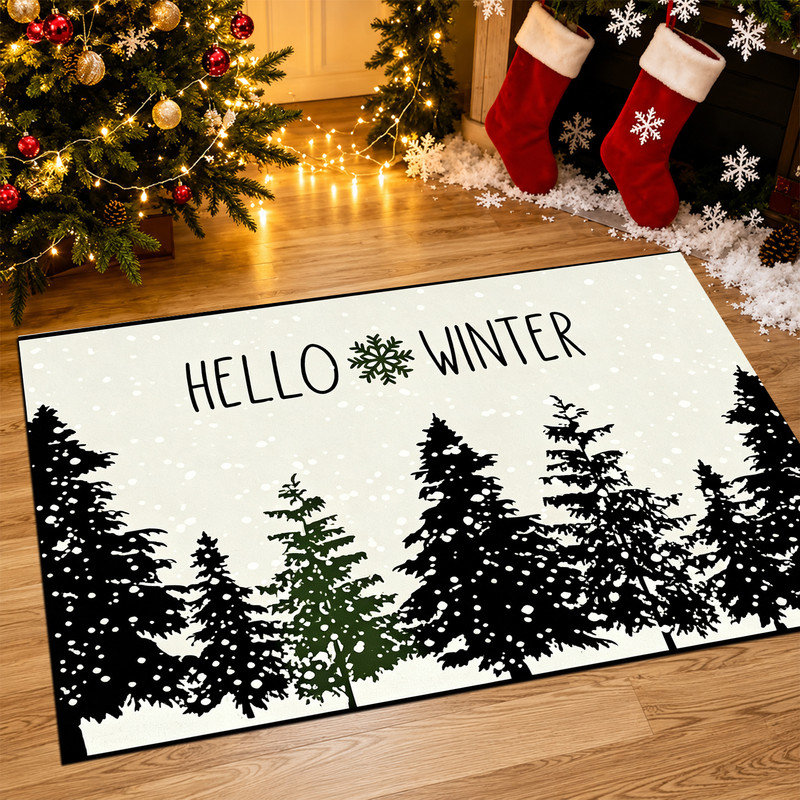 Tapis de porte antidérapant intérieur/extérieur, 61 x 91 cm, motif de silhouette d'arbre d'hiver noir, 24 po x 36 po