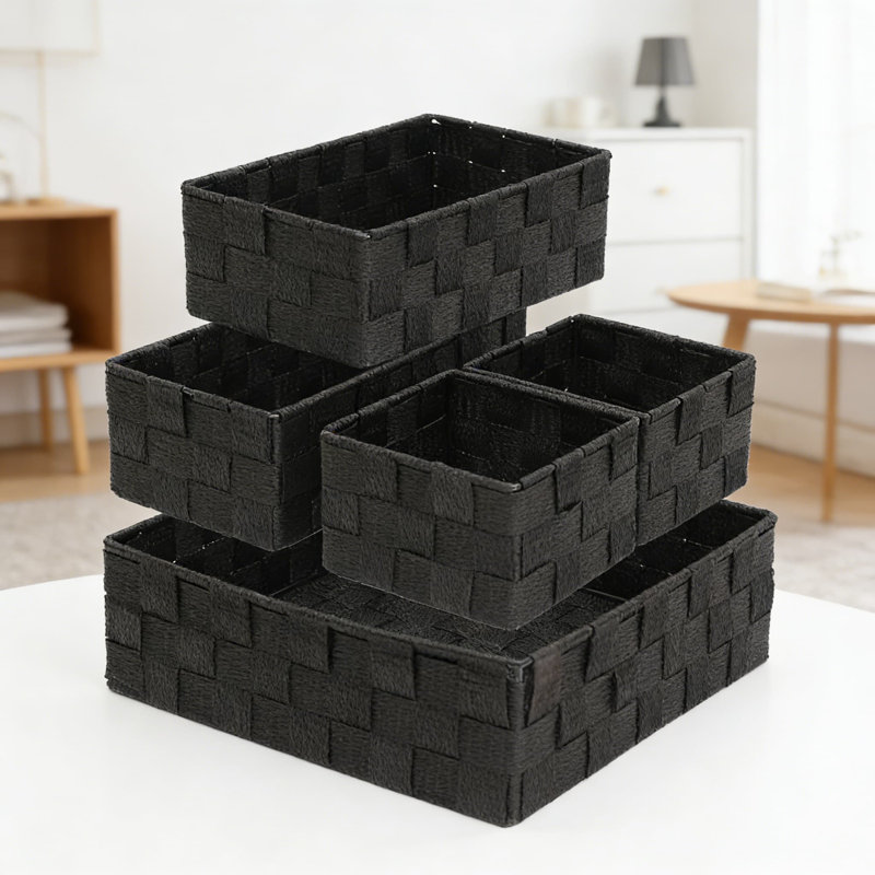 Ensemble de 4 paniers de rangement empilables tissés avec structure en métal robuste pour l'organisation à la maison dans un placard, une étagère, une chambre de bébé et un bureau - Boîtes de rangement en polypropylène