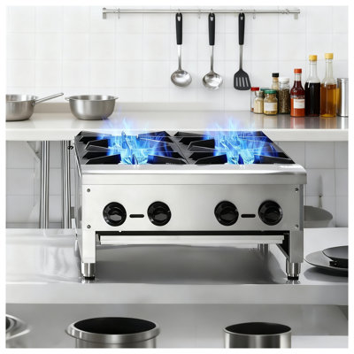 112,000 BTU Commercial Gas Stove with 4 Burners - Stainless Steel Propane/Natural Gas Countertop Range for Restaurant Kitchens