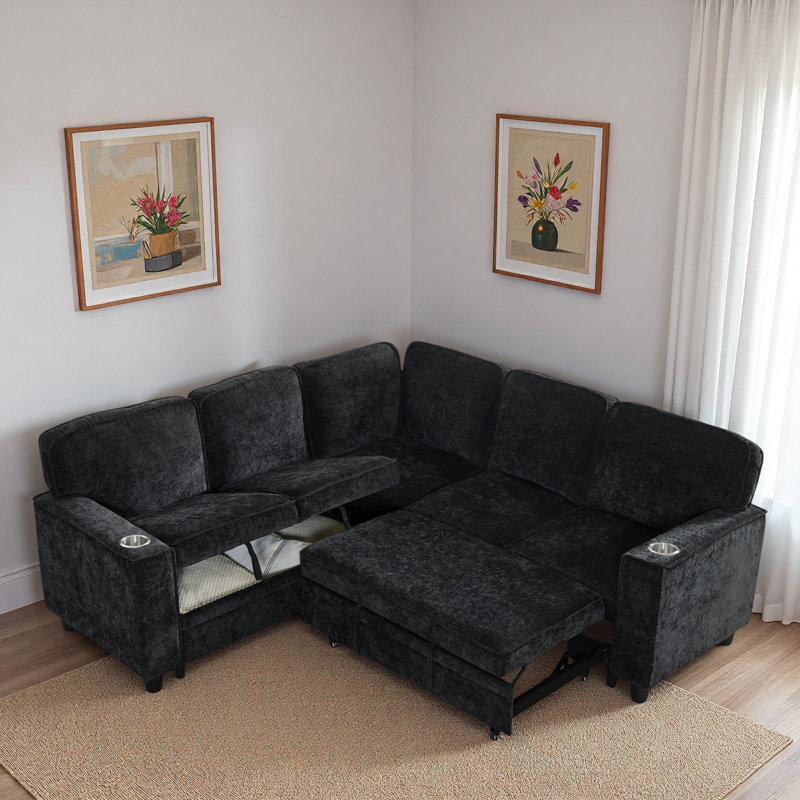 L-shaped Sectional Sofa With Storage Seat, Usb And Cup Holders, Charcoal Gray Chenille