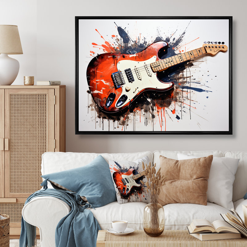 «Red Fluid Brown», guitare, art mural, Cadre flottant noir, H 30 po x l 40 po x P 1,5 po