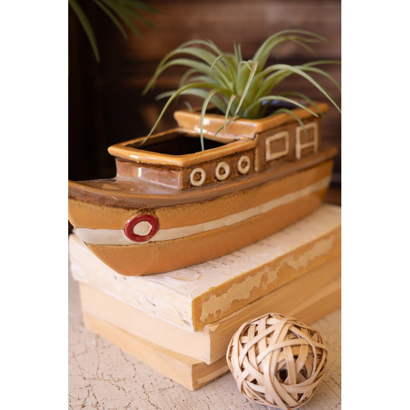  Handcrafted Ceramic Boat Planter – 4" Tall Display Pot Set of 2