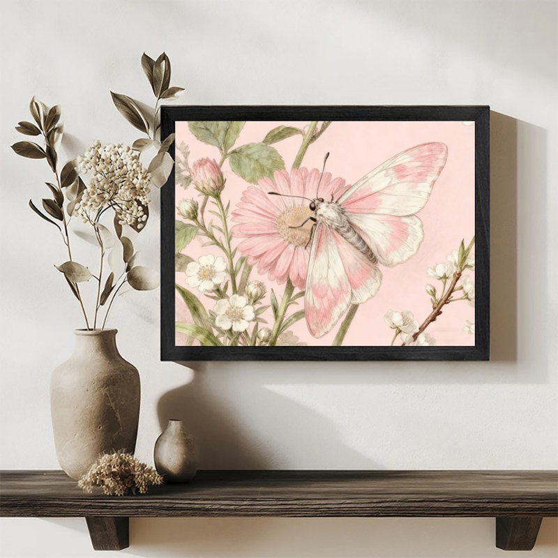 Reproduction d'art encadré noir avec papillons et fleurs rétro de style rétro, H 17 po x l 25 po