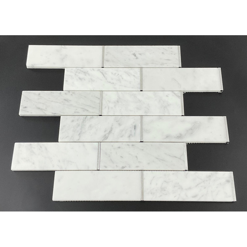 2" x 6" Marble Mosaic Pattern Wall & Floor Tile, White Carrara/Silver