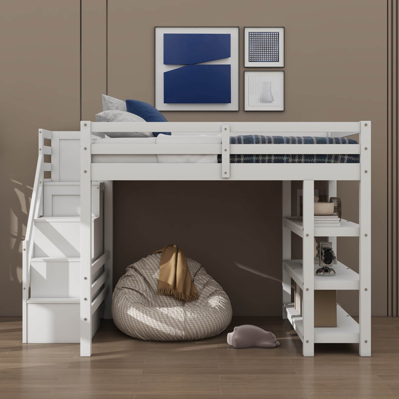 Lit mezzanine double avec tablettes, escalier de rangement, garde-robe compacte et éclairage intégré