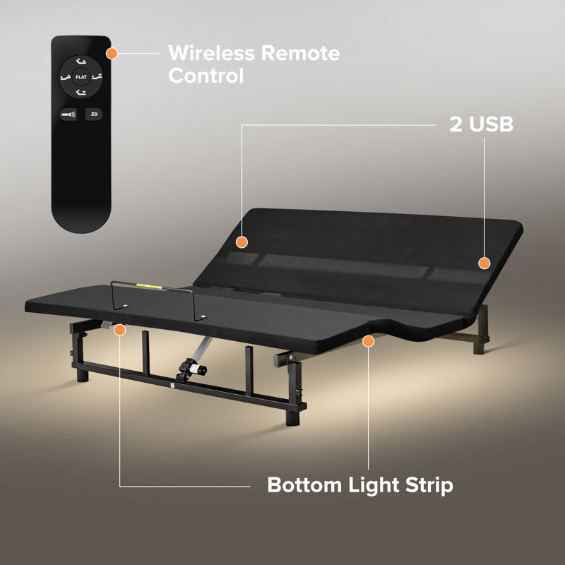 Base de lit réglable avec tête et pied inclinable, très grand moteur, gravité zéro, 4 ports USB, veilleuse sous le lit