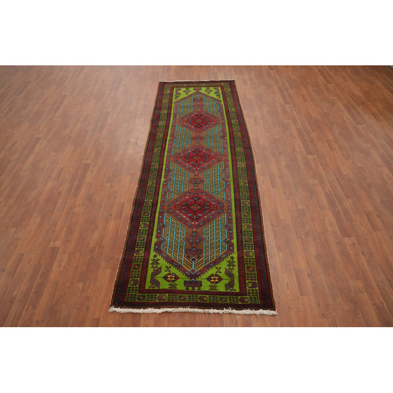 Tapis de couloir vert traditionnel animaux en laine 4 x 11