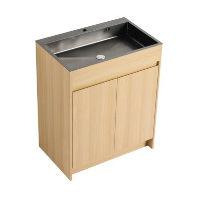 Meuble-lavabo autoportant de 28 po - lavabo en acier inoxydable gris, charnières à fermeture douce, grand rangement au bas, tuyau de drainage flexible en contreplaqué de chêne, 45 poignées dissimulées, tablettes réglables