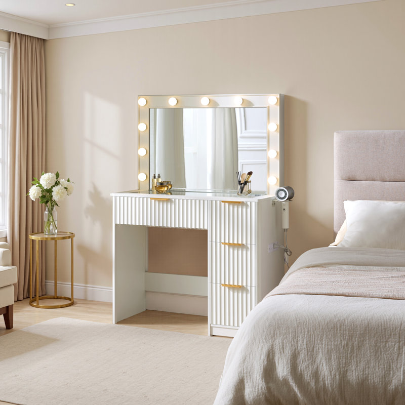 Meuble-lavabo moderne 36,2 po avec 4 tiroirs, miroir lumineux à DEL et prises de courant, blanc, Blanc