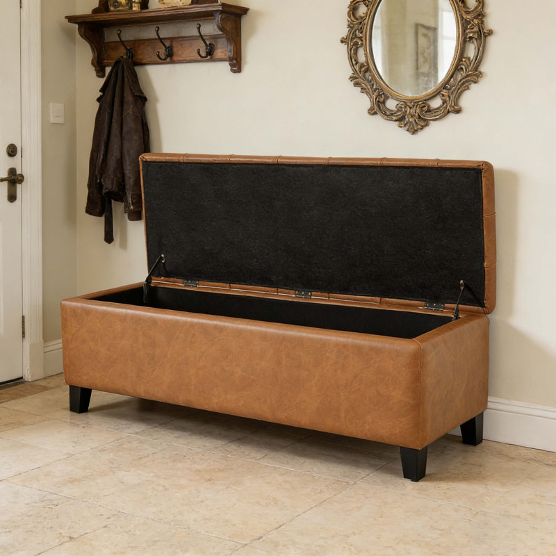 Brown PU Tufted Storage Ottoman Bench With Rubber Wood Legs, 300 Lbs Weight Capacity For Living Room & Bedroom, Brown