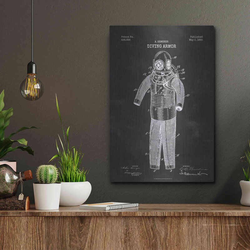 «Diving Armor Blueprint Chalkboard Vernis», art mural en métal, H 16 po x l 12 po